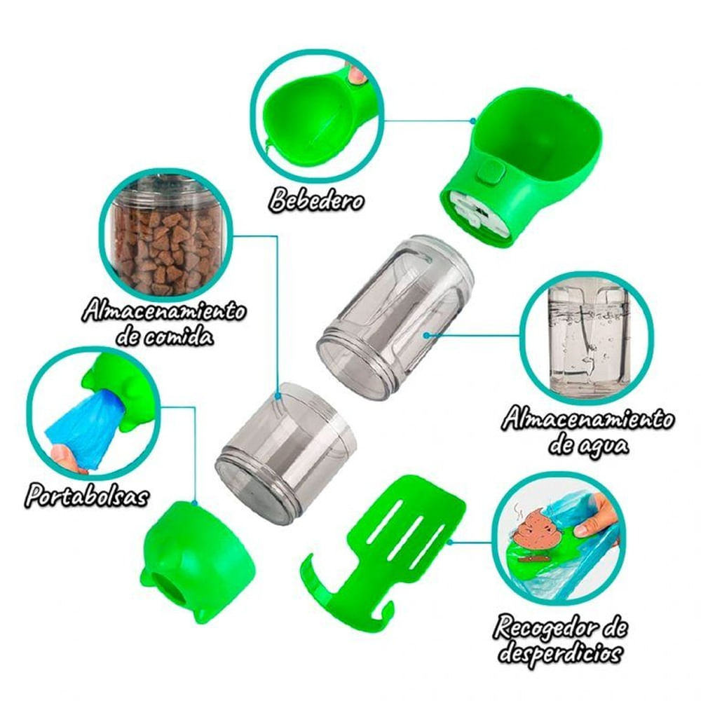 Bebedero portátil 4 en 1 para mascotas 500ml- Verde