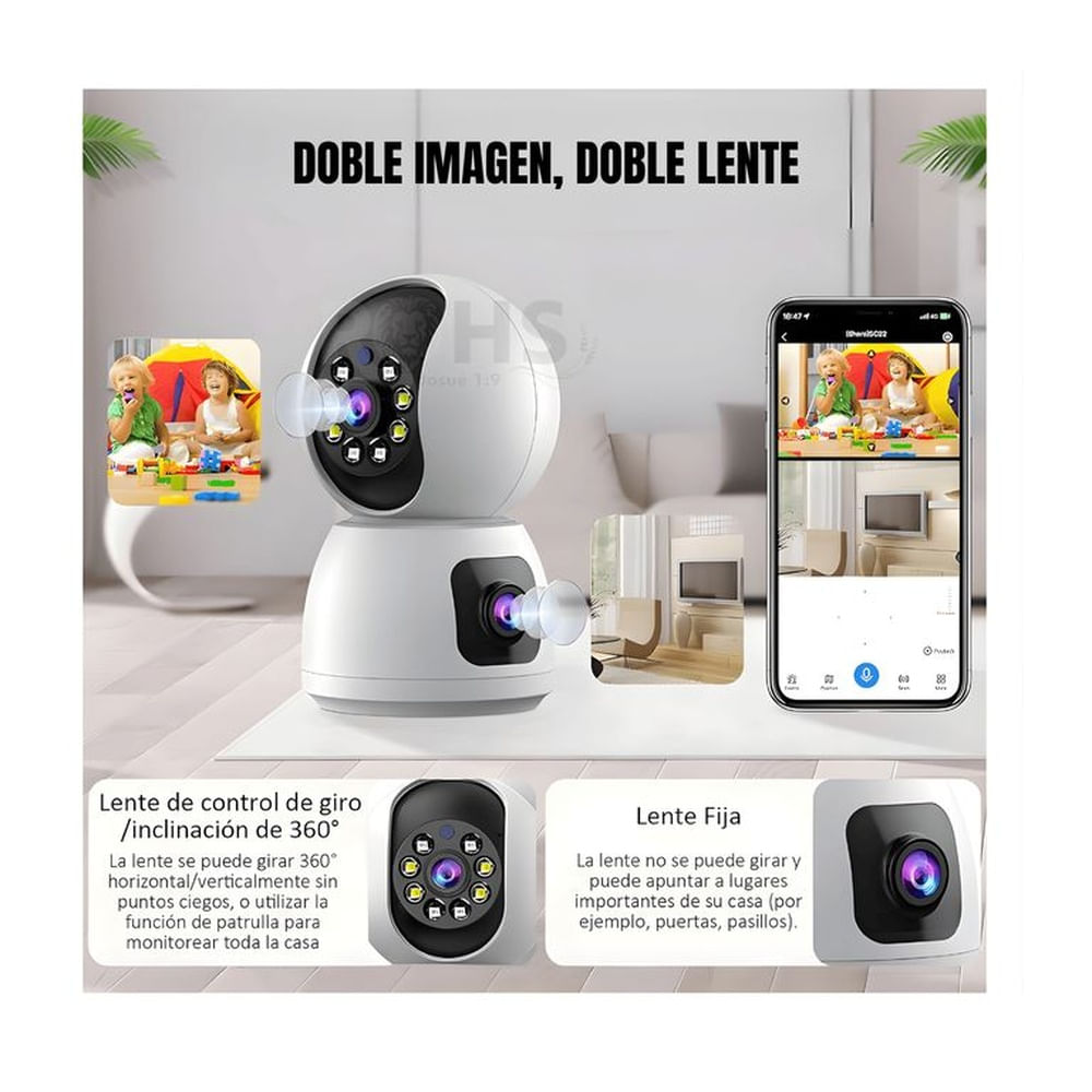 Cámara De Seguridad WiFi Doble Lente 360° Con Visión Nocturna Y Monitoreo Remoto Hogar Oficina Blanco