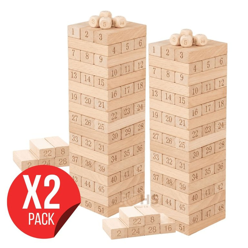 Pack X2 Juego De Bloques Tipo Jenga De Madera Numerado 54 Piezas Con Dados Educativo