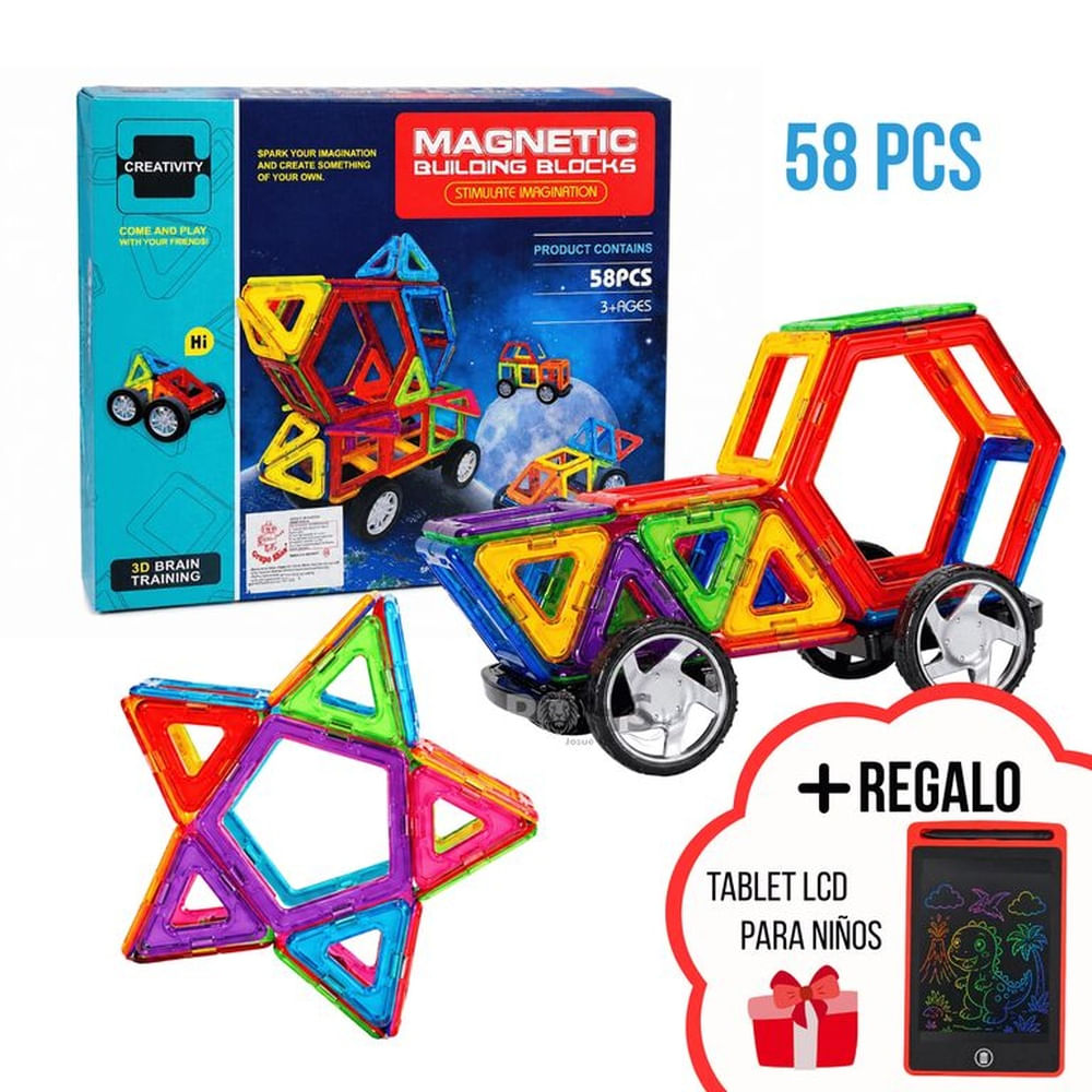Bloques Magnéticos 58 Piezas Juego De Construcción Educativo Con Ruedas + Tablet LCD Regalo