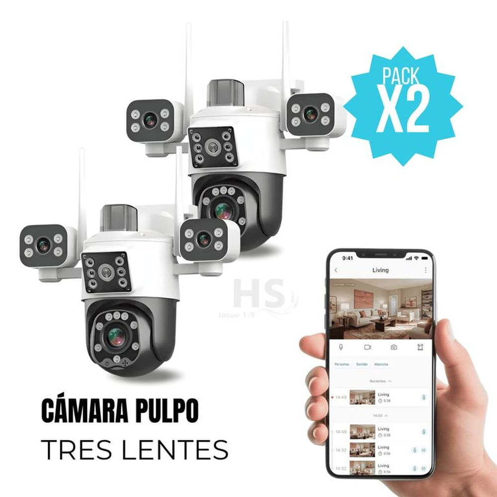 Pack 2 Cámaras De Seguridad Pulpo WiFi Exterior 3 Lentes 3K Con Visión Nocturna 360° Blanco