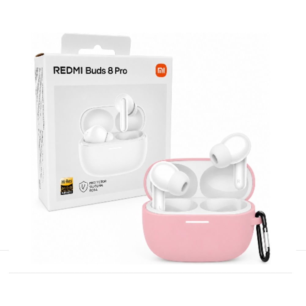 Audifonos BLANCOS Xiaomi Redmi Buds 8Pro mas Funda Protectora de Silicona color ROSADO