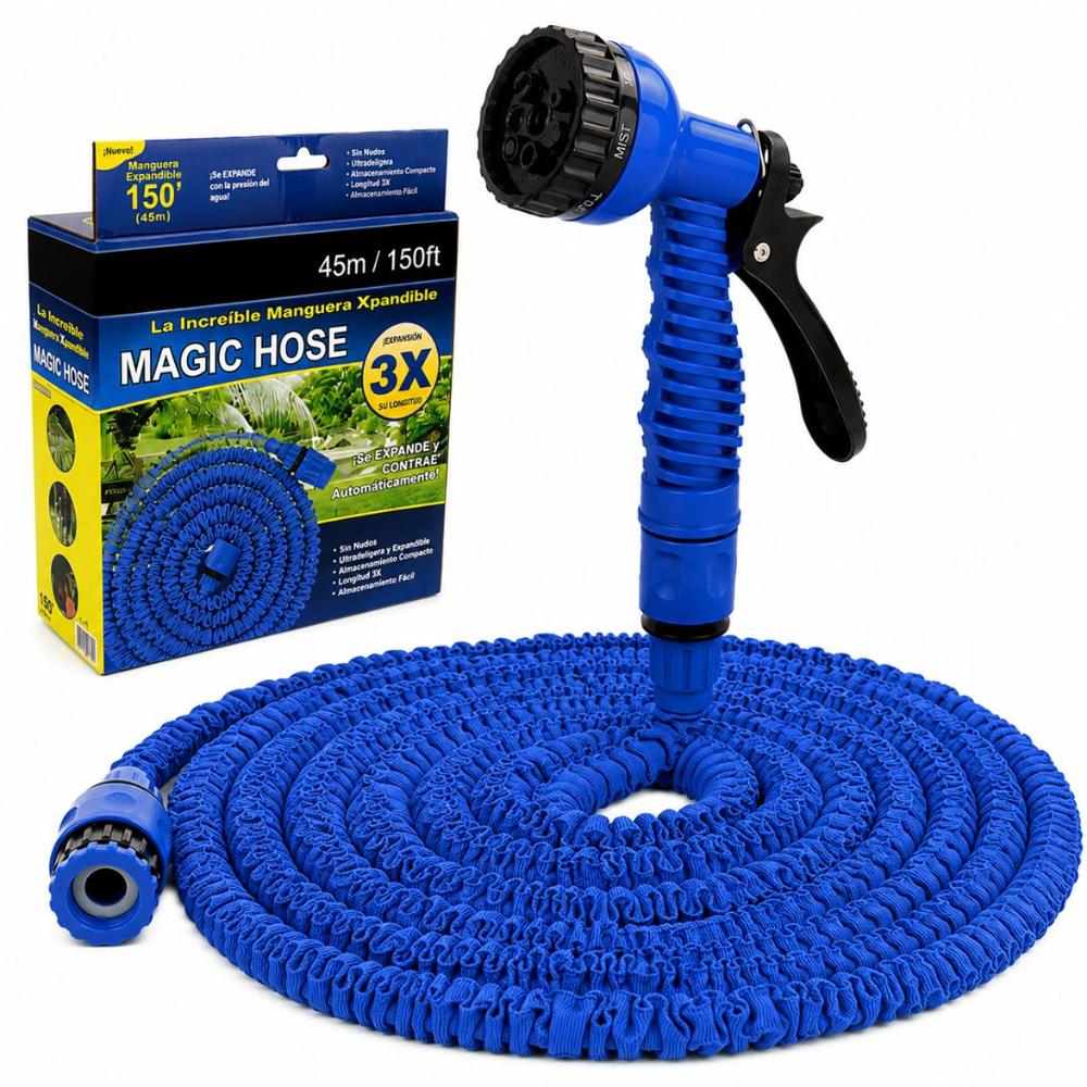 Manguera Multiusos Expandible Retráctil con Accesorios hasta 45 Metros 7 en 1 - Azul