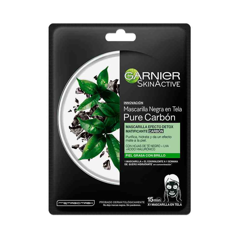 Mascarilla facial de tela Garnier Skin Active Pure Carbón detox
