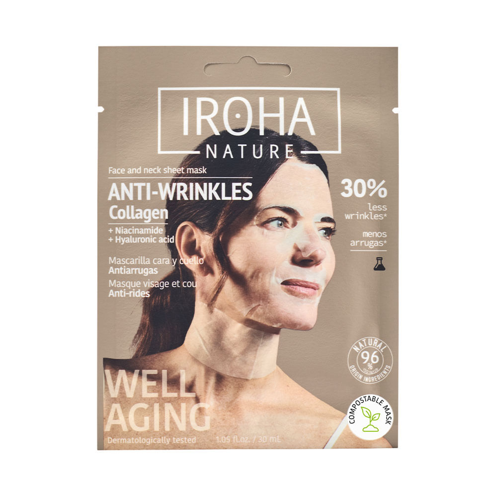Mascarilla Antiedad de Algodón Iroha para Cara y Cuello con Colágeno 30 ml