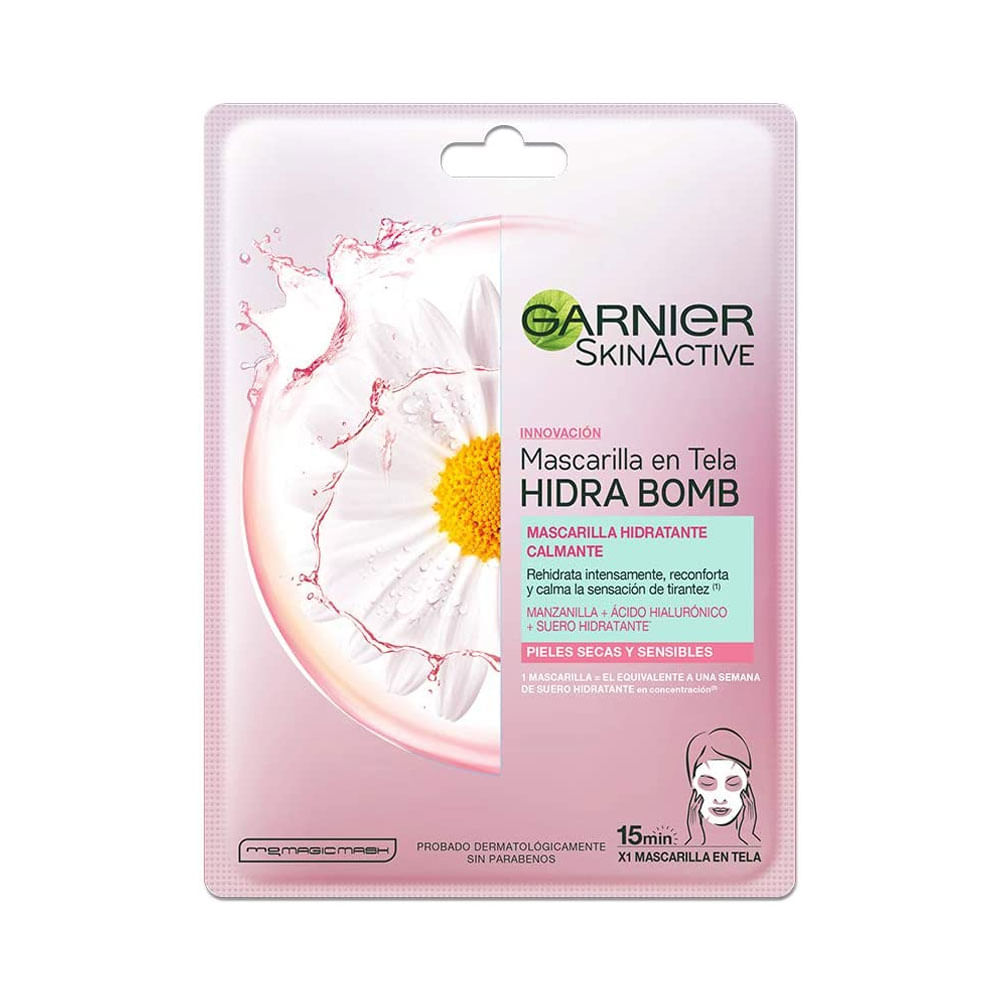 Mascarilla facial de tela Garnier Skin Active Hidra Bomb calmante