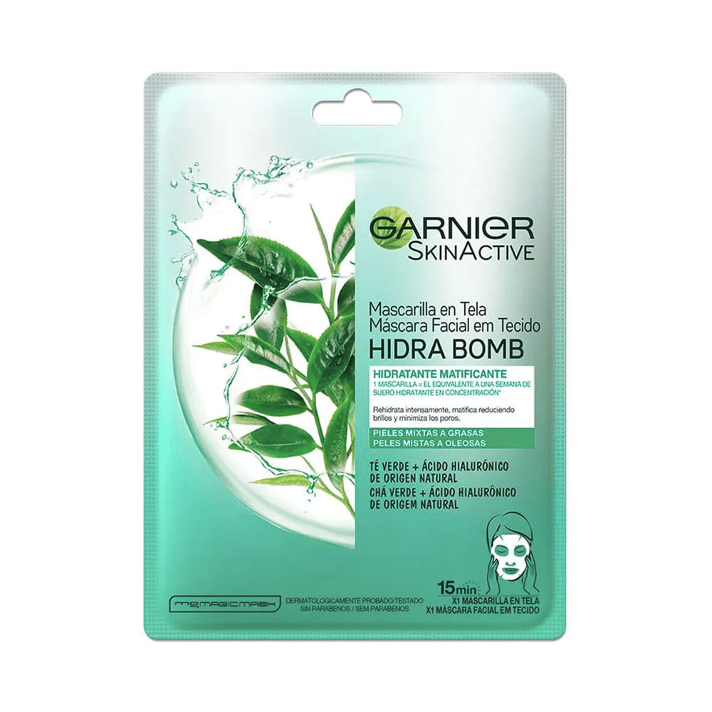 Mascarilla facial de tela Garnier Skin Active Hidra Bomb Té Verde matificante