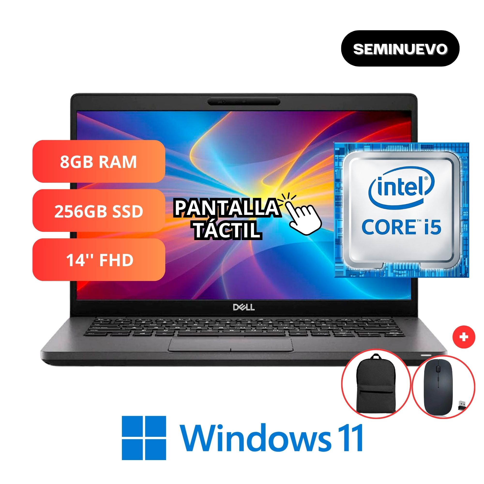 Dell Core i5 8gb 256ssd 14 Táctil Win11 - Mochila y Mouse - Seminuevo