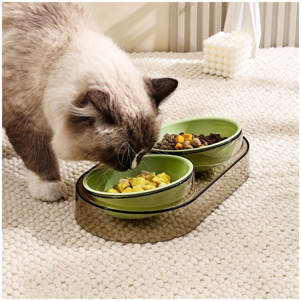 Plato Comedero Bebedero Doble Cuenco Moderno para Mascotas Perros y Gatos - Verde