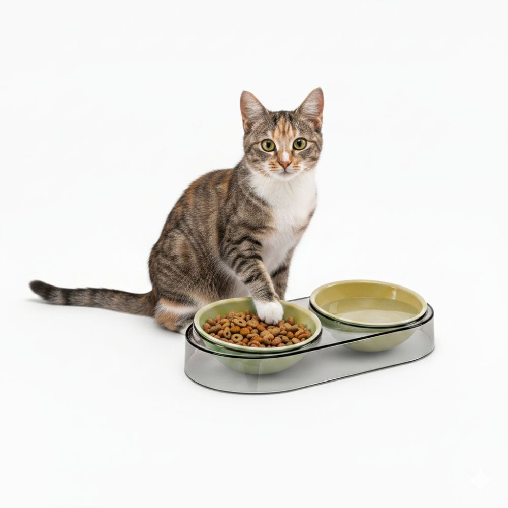 Plato Comedero Bebedero Doble Cuenco Moderno para Mascotas Perros y Gatos - Verde