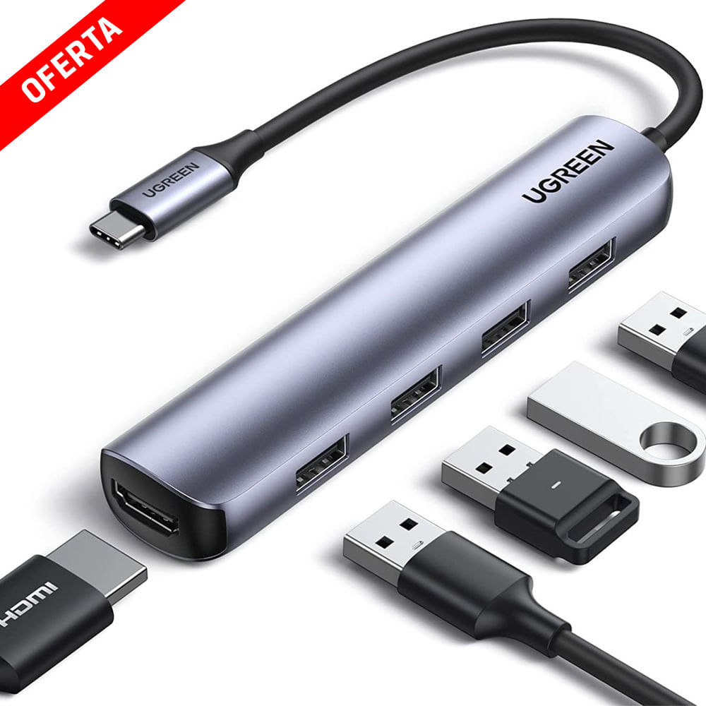 Adaptador Ugreen multipuertos 5 en 1 con HDMI 4K USB-C y USB 3.0 x3 para laptops - MacBook - tablets