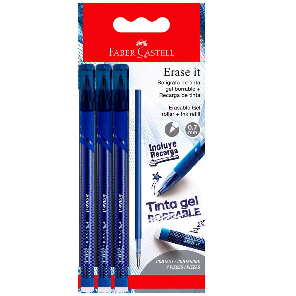 Lapiceros FABER CASTELL Erase It 3-Azul + Refill 3un