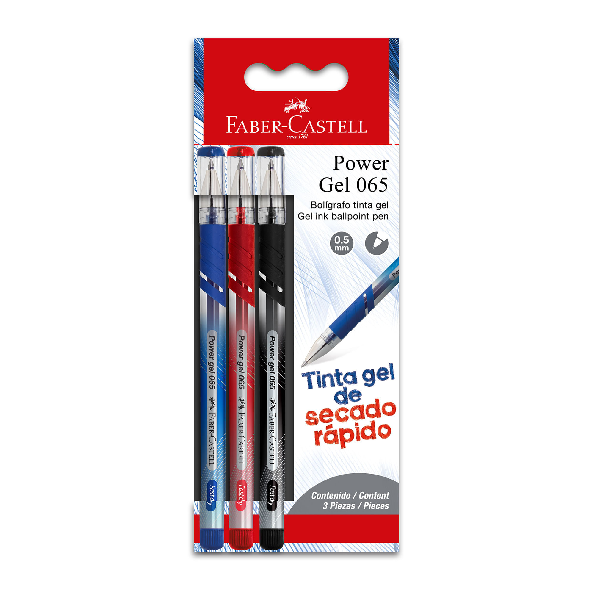 Lapiceros FABER CASTELL Power Gel 065 1-Azul 1-Rojo 1-Negro Pack 3un
