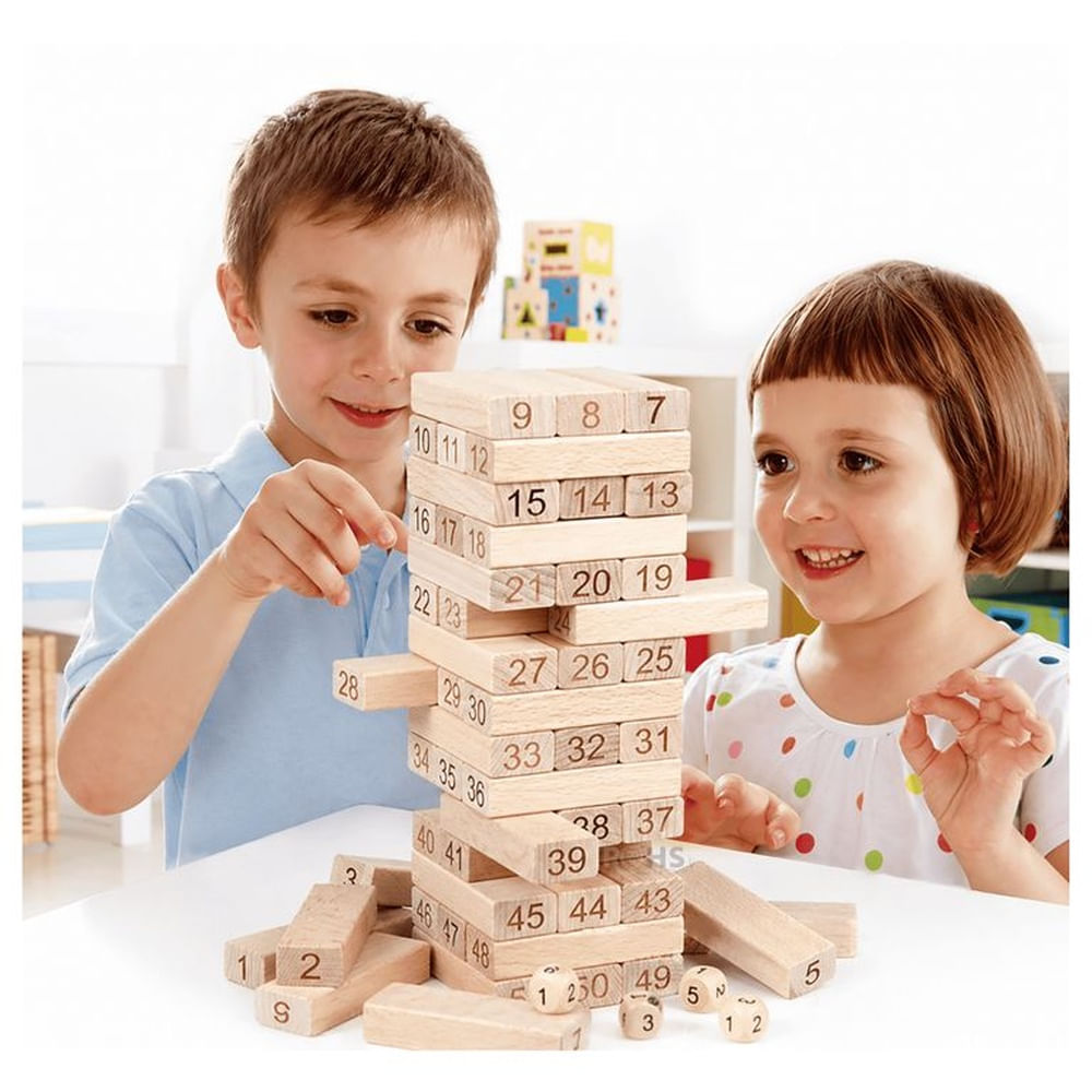 Juego De Bloques Tipo Jenga De Madera Numerado 54 Piezas Con Dados Educativo