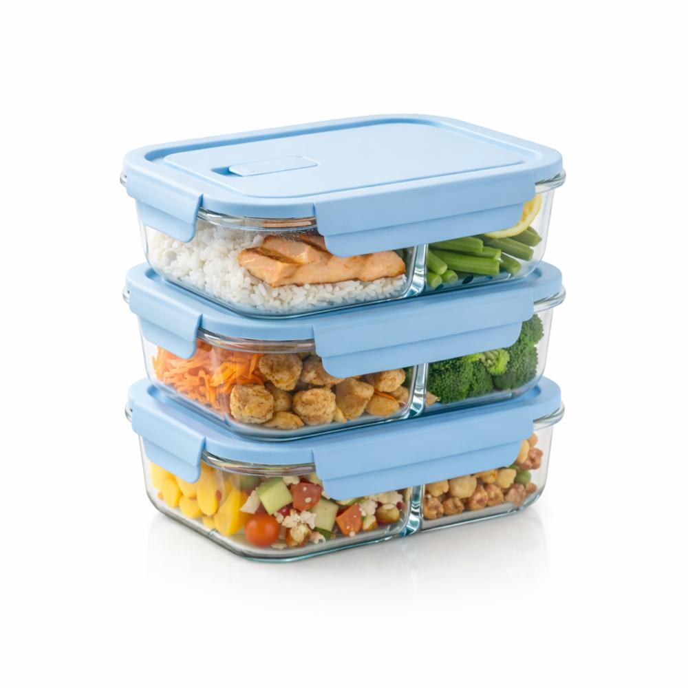 Taper con División 1040ml Pack 3 para Organizar Comidas Celeste