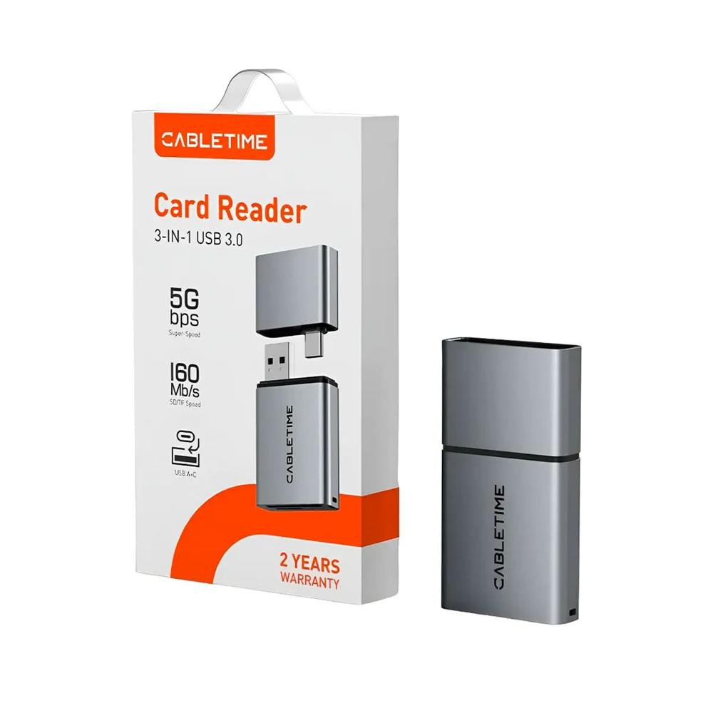 Lector de Tarjetas USB-C 3-en-1 Cabletime SD TF 4.0 312MB s CB49G Gris