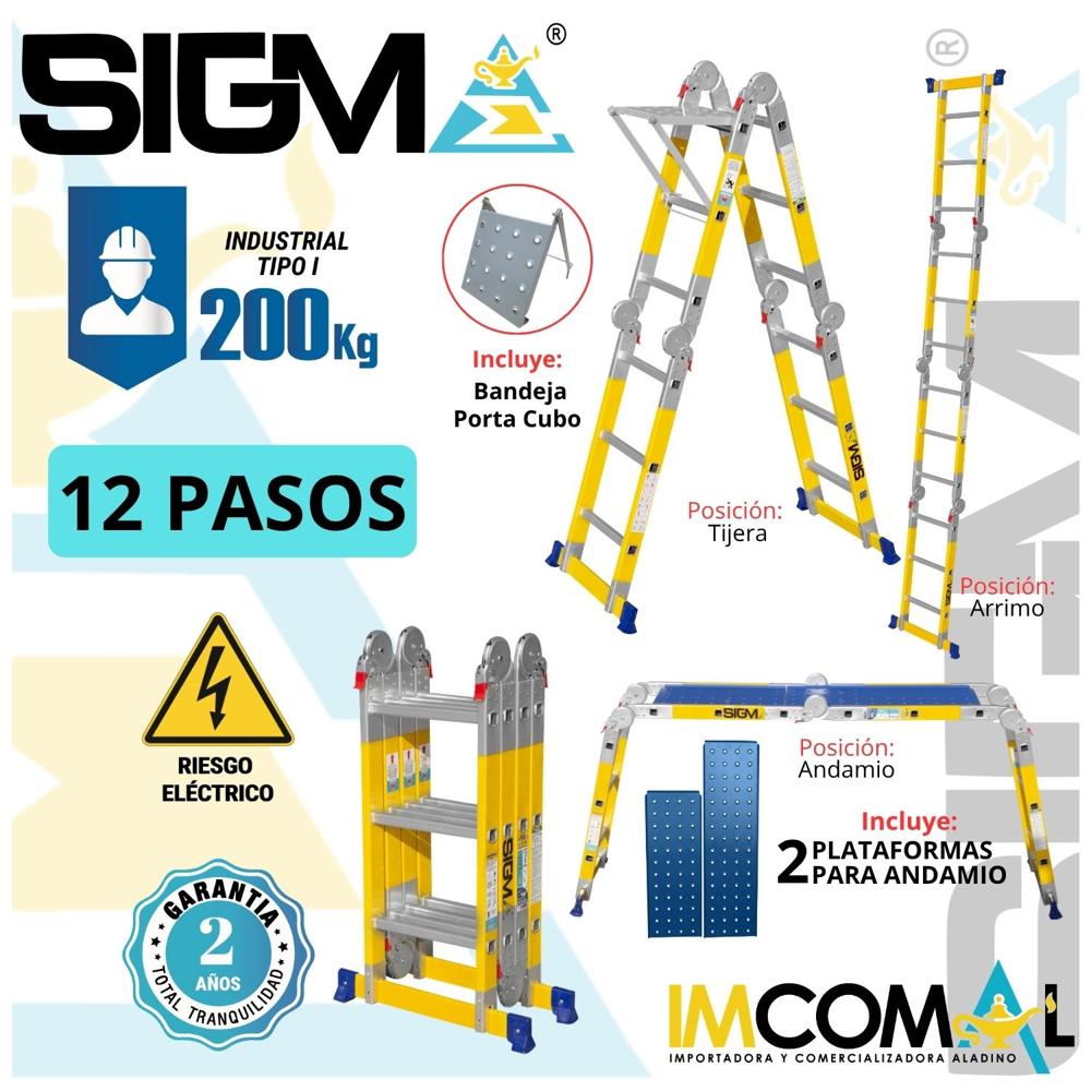 Escalera Fibra de Vidrio Multipropósito Pesada de 12 Pasos 4x3. Carga Max: 200Kg. Tipo I Industrial