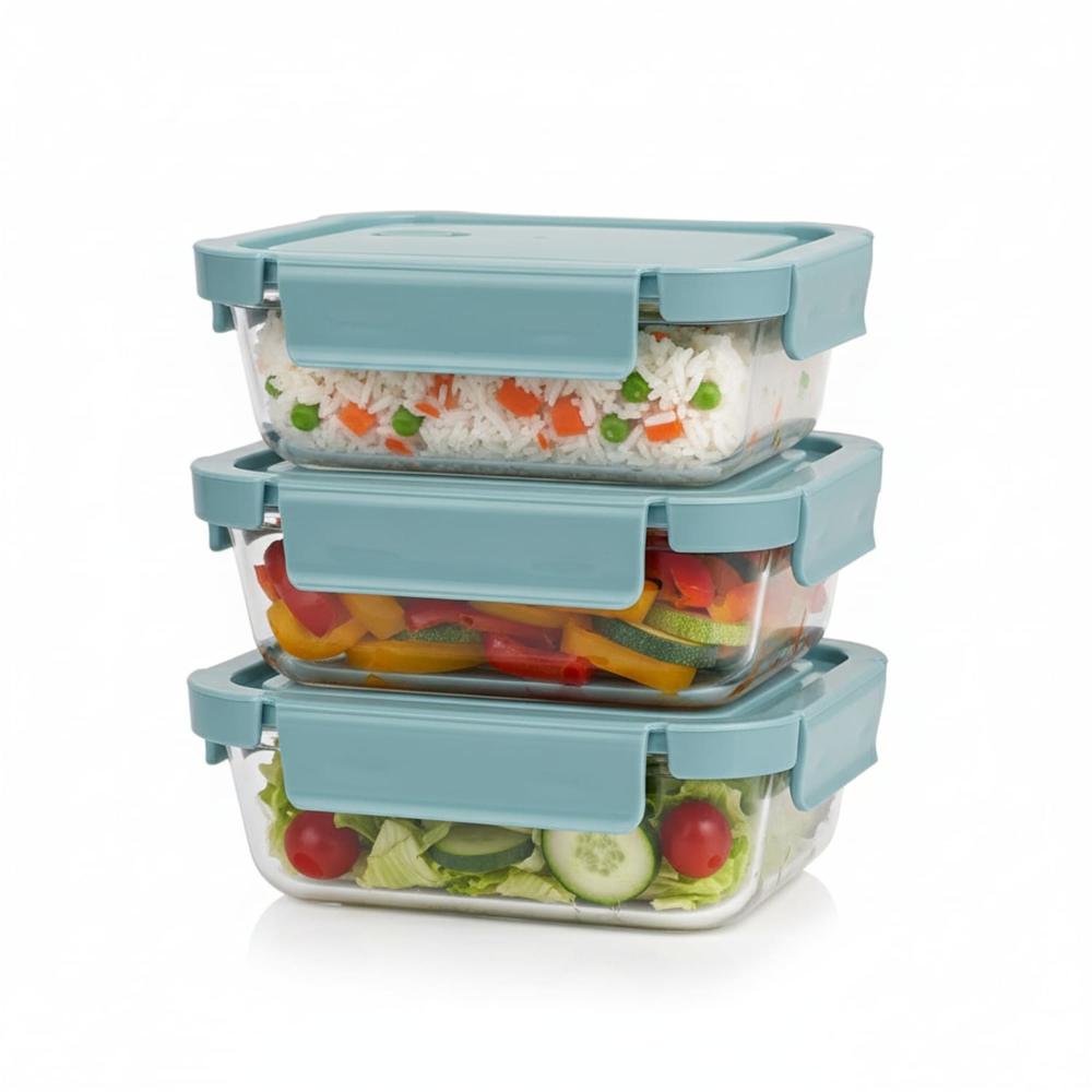 Taper De Vidrio Hermético 1040ml Rectangular Set 3 Unidades Celeste