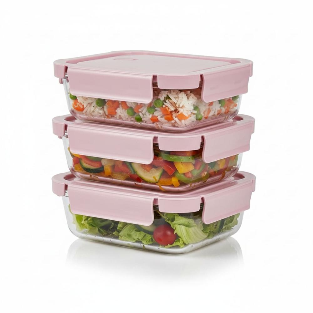 Taper De Vidrio Hermético 1040ml Rectangular Set 3 Unidades Rosa