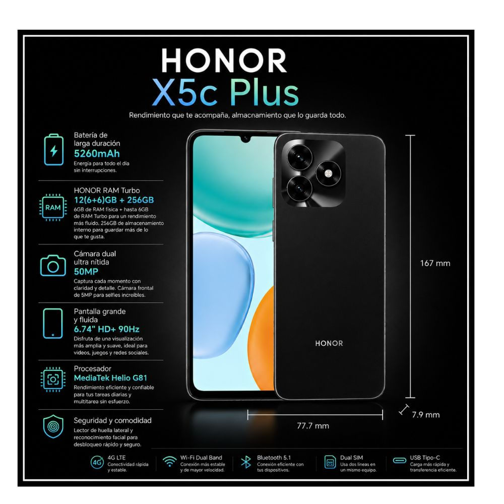 Celular Honor X5c Plus 6GB 256GB NEGRO