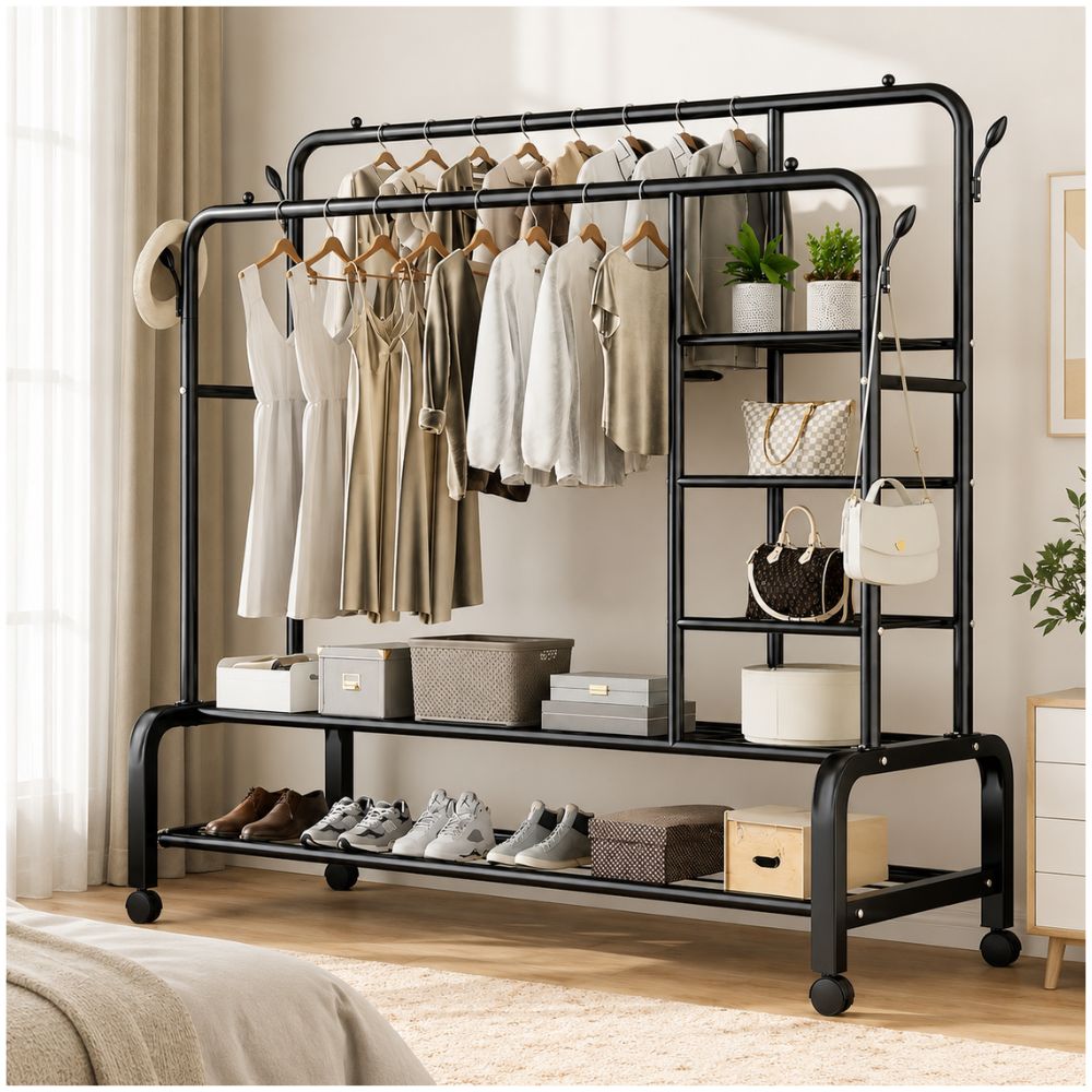 Organizador de Ropa Negro Doble Barra Metal Soporta 78kg 160x140x55cm con Ruedas