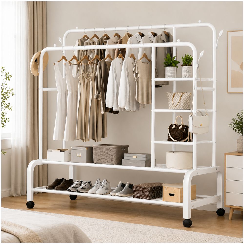 Organizador de Ropa Blanco Doble Barra Metal Soporta 78kg 160x140x55cm con Ruedas