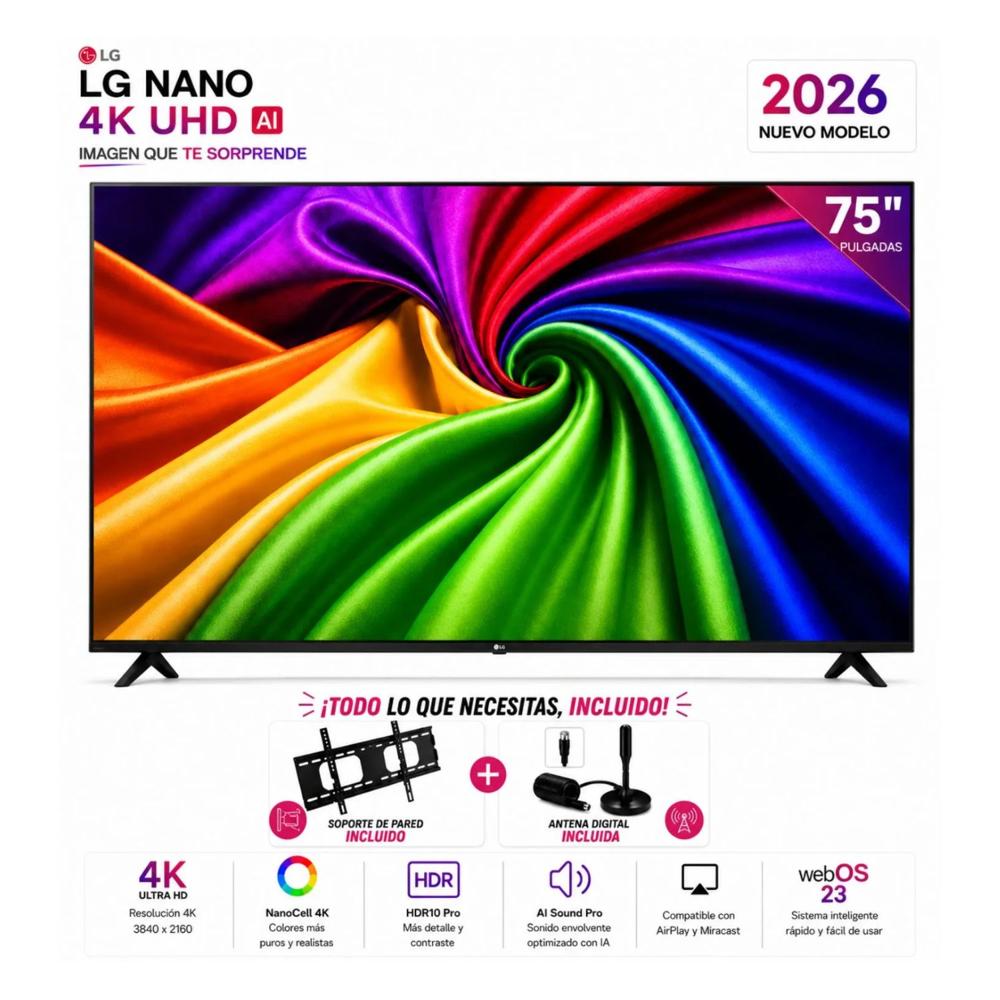 Televisor LG 75 NANO 75NU800BPSB 4K UHD AI Smart TV 2026 mas Rack mas Antena