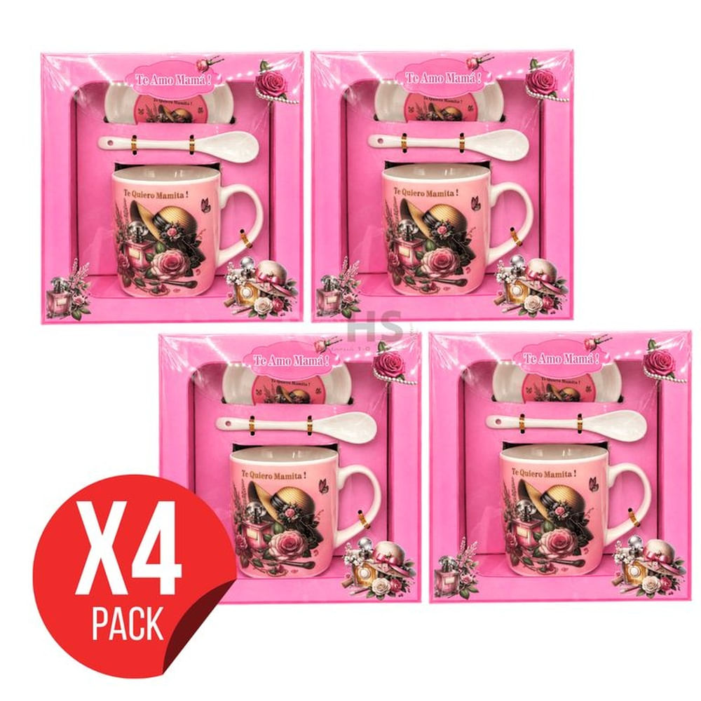 Pack 4 Sets De Regalo Para Día De La Madre Taza Con Plato Y Cuchara Te Amo Mamá Diseño Rosa Cerámica