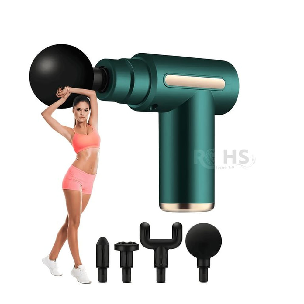 Pistola Masajeadora Massage Gun 4 Cabezales Recargable Verde