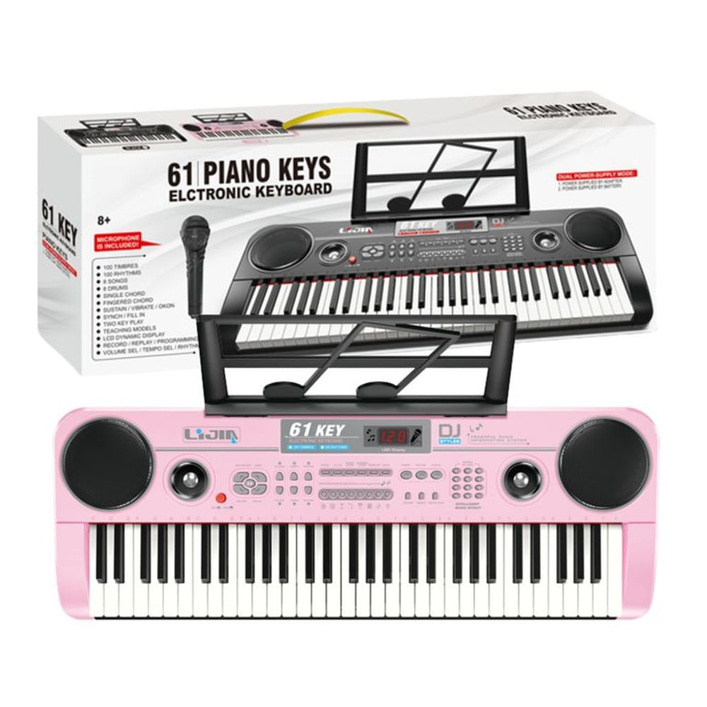 Piano Musical De 61 Keys Con Variedad De Sonidos Y Micrófono Incluido - Rosado