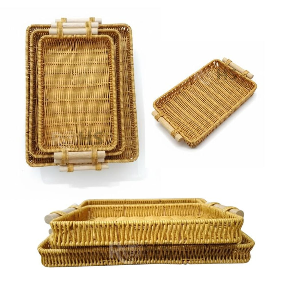 Juego de 3 Bandejas Rectangular Ratán Multifuncional para servir Alimentos, Desayunos o Tocadores