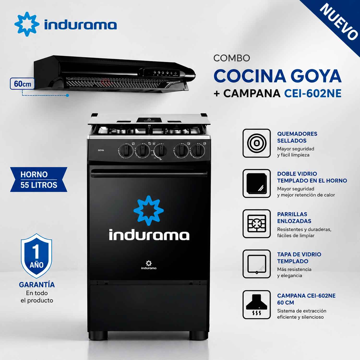 Combo Indurama Cocina Goya y Campana CEI-602NE - Negro