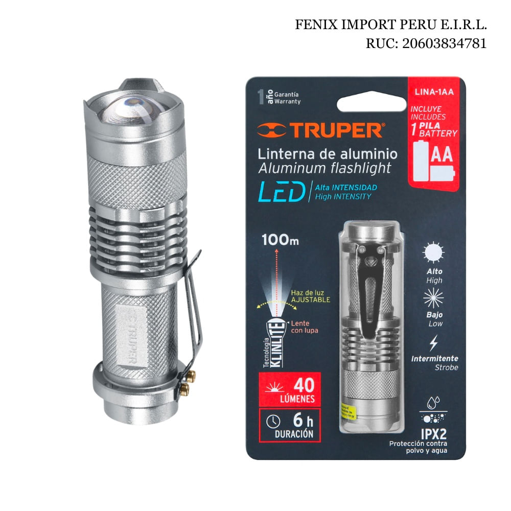 Linterna LED 40 Lumenes con 1 Pila AA Recargable Portatil con Zoom Ajustable Truper LINA-1AA