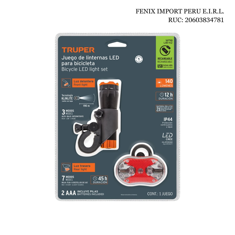 Kit Juego de Luces Linterna Delantera y Trasera para Bicicleta Truper Recargables LIBI-K2 LED