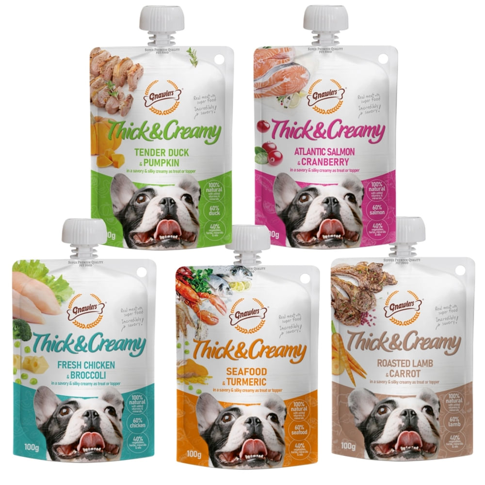PREMIO HUMEDO PARA PERROS GNAWLERS THICK AND CREAMY 5 SABORES SURTIDOS PACK X 5