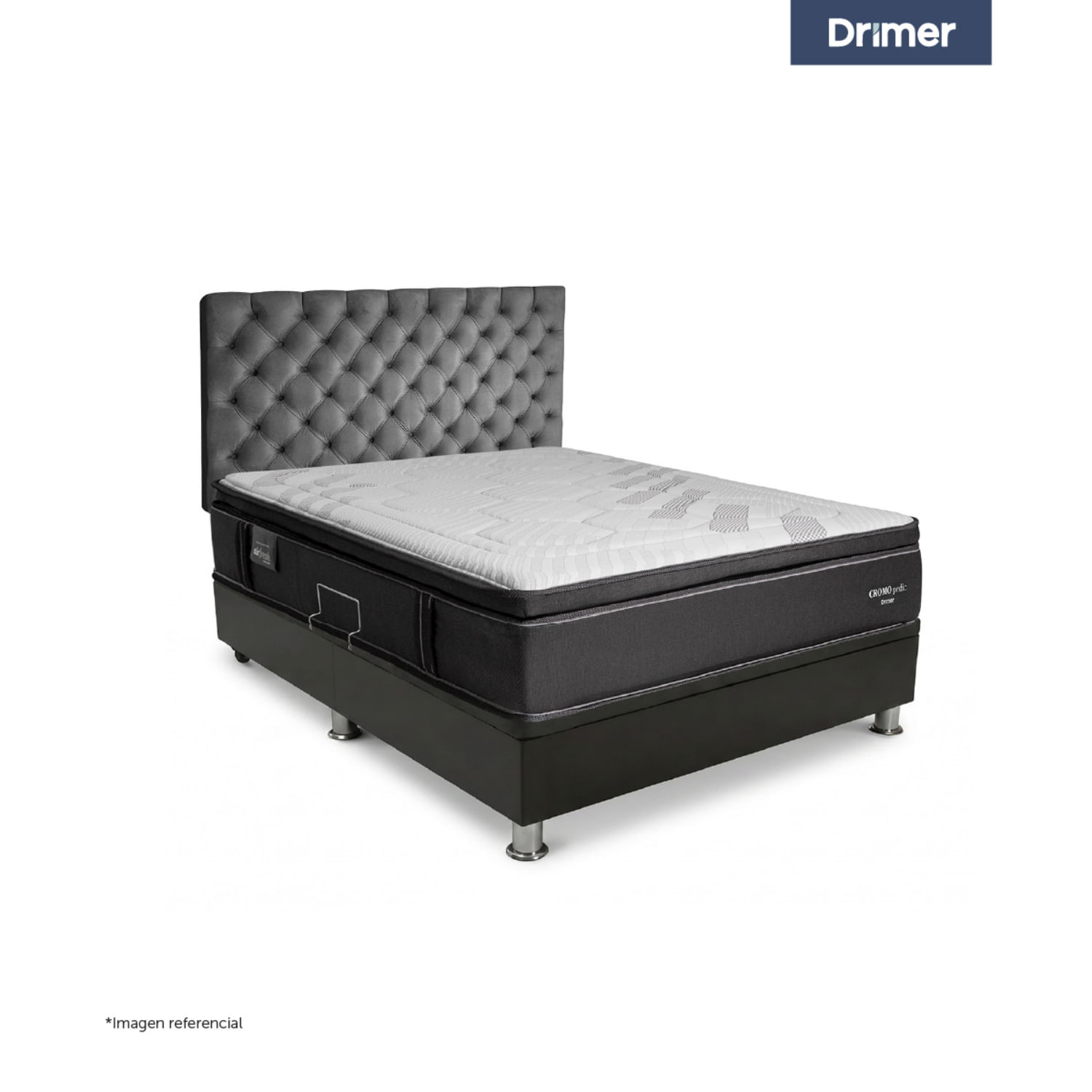 Dormitorio Praktibox Laqueado Cromopedic 2 Plazas Capitone Gris Plata