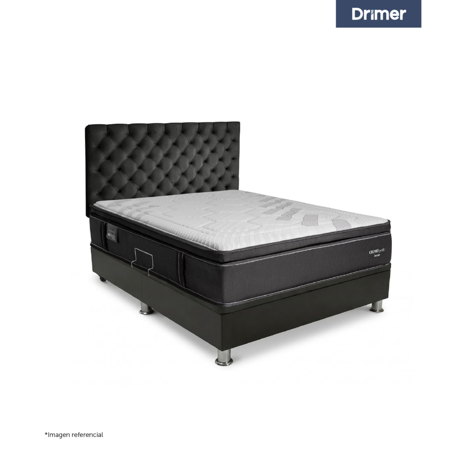 Dormitorio Praktibox Laqueado Cromopedic 1.5 Plazas Capitone Gris Oscuro