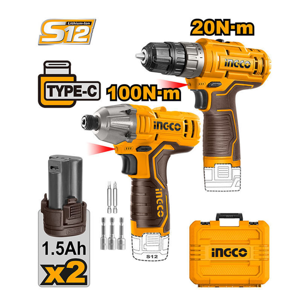 Kit Atornillador 12V 20NM con Atornillador de Impacto 12V 100NM con 2 Baterías 1.5AH COSLI240586