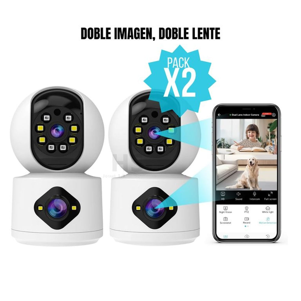 Pack 2 Cámaras De Seguridad WiFi Doble Lente 360° Visión Nocturna Y Monitoreo Remoto Hogar Oficina Blanco