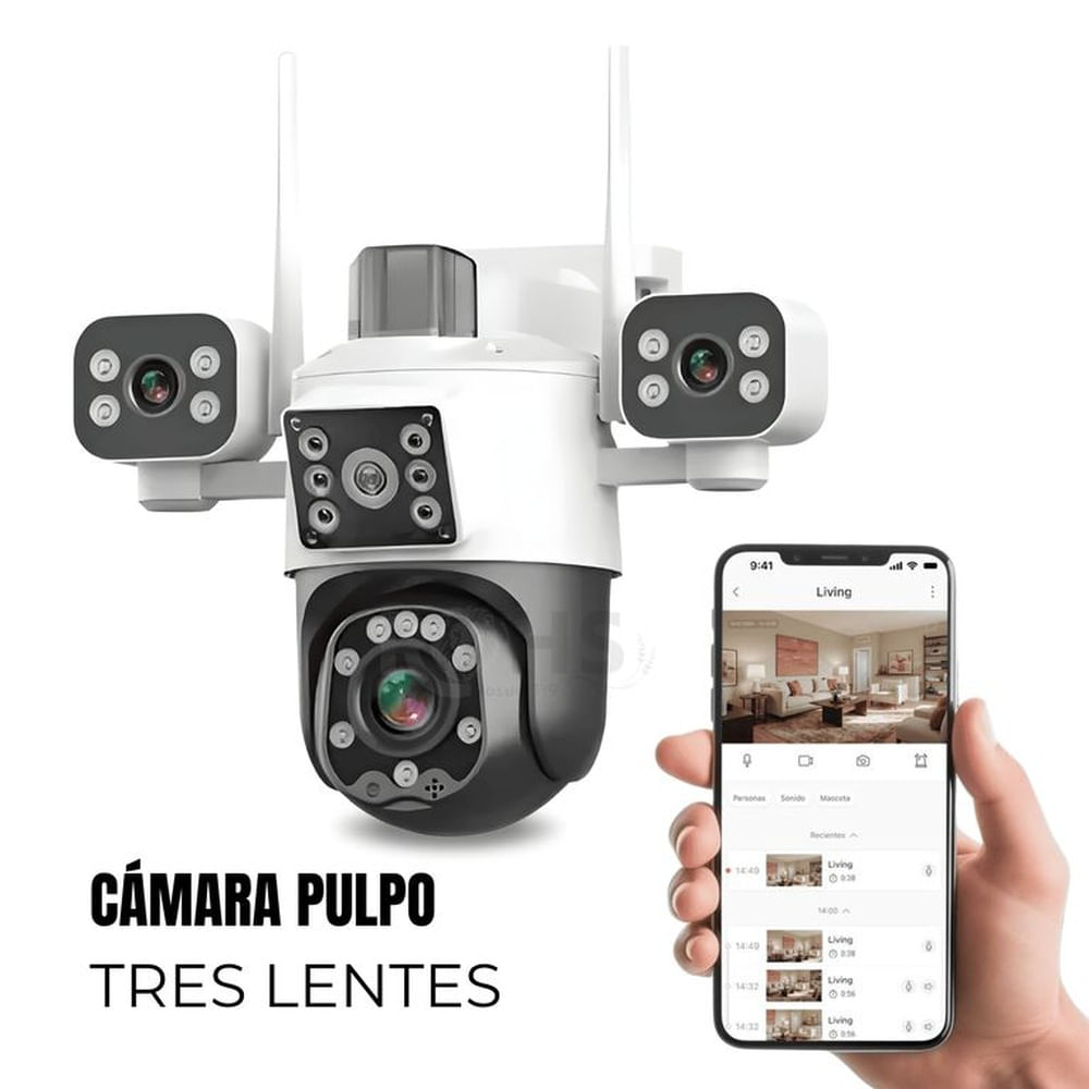 Cámara De Seguridad Pulpo WiFi Exterior 3 Lentes 3K Con Visión Nocturna 360° Blanco