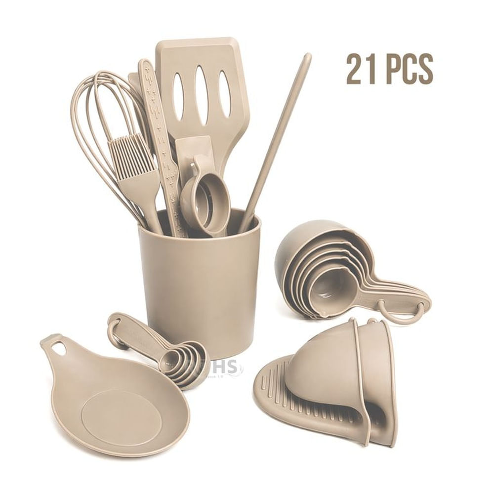 Set De Utensilios De Cocina Silicona 21 Piezas Con Base Y Accesorios Resistente Al Calor - Café