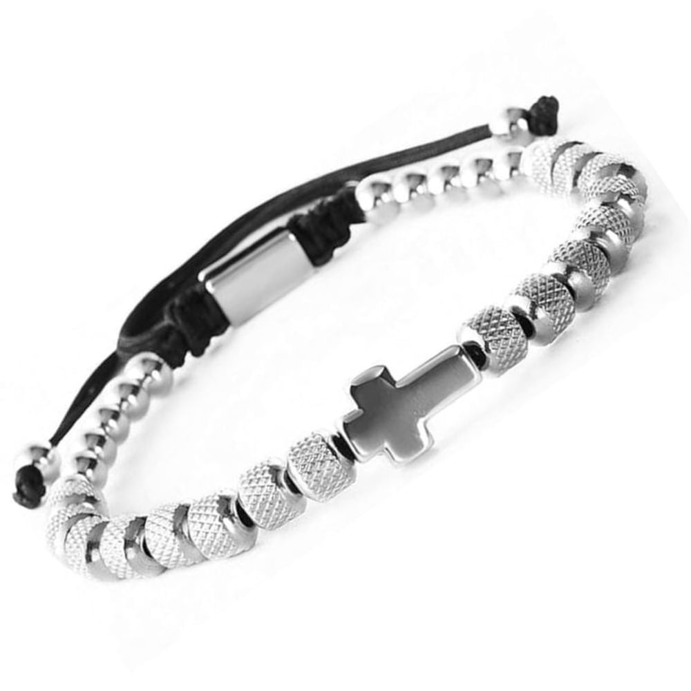 Pulsera Cruz de Cuentas de Acero Inoxidable Hombres Mujeres Cadena