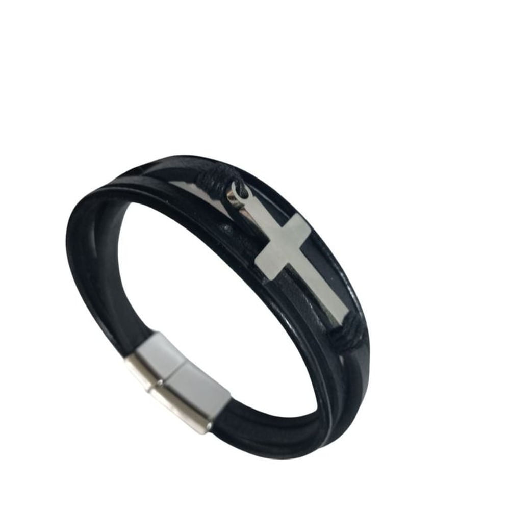 Pulsera Cruz Trenzada De Cuero Genuino Y Acero Inoxidable