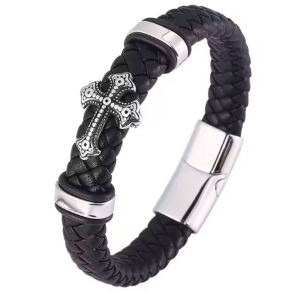 Pulsera Cruz22 CM Cuero y acero  Inoxidable.
