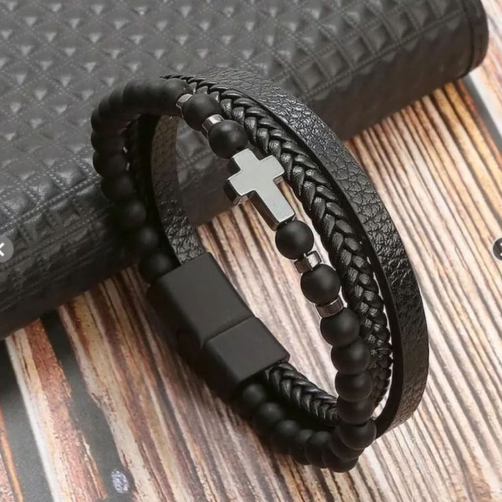 Pulseras de Cuero Cruz Eslavon Negro