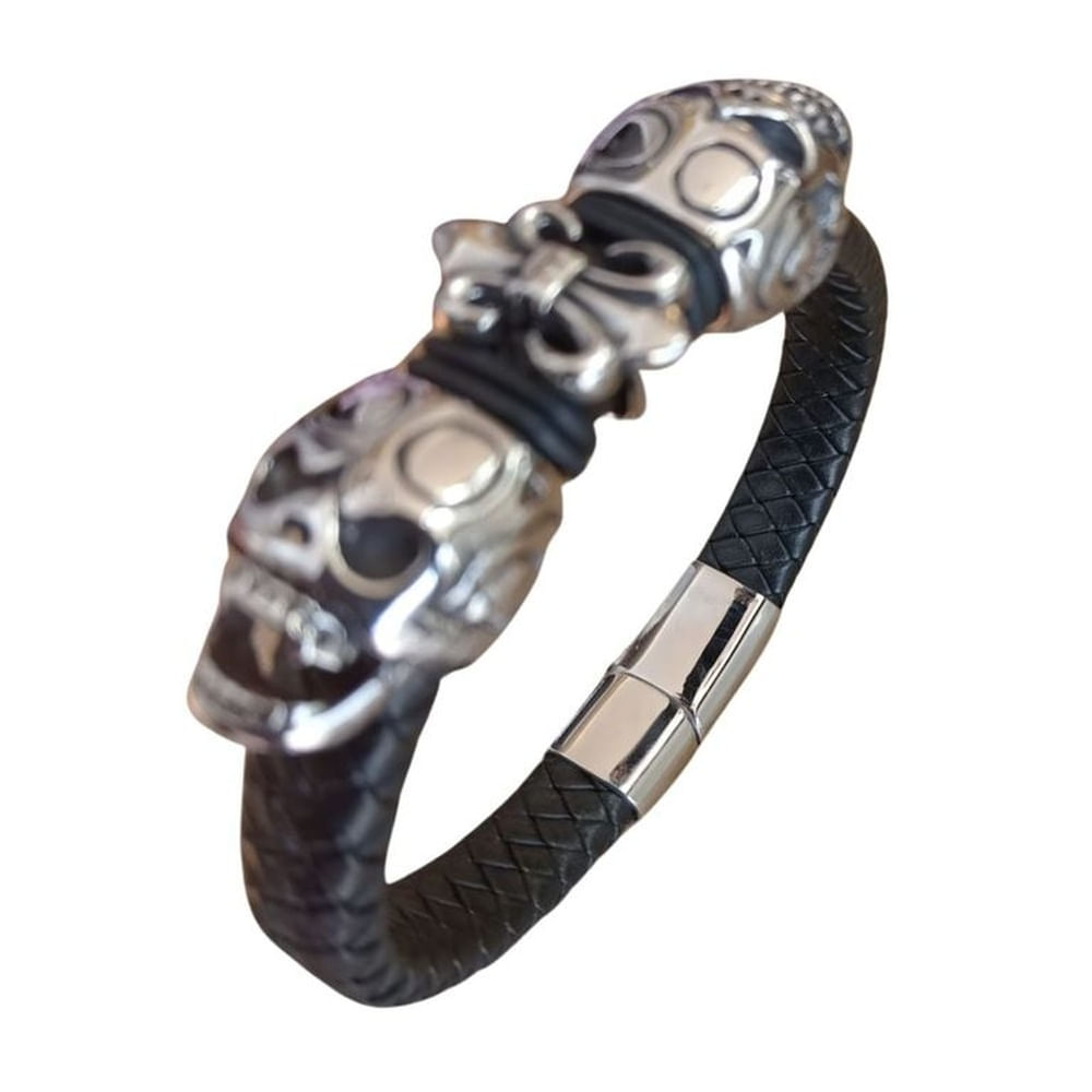 Pulsera Calavera Trenzada De Cuero Genuino Y Acero Inoxidable
