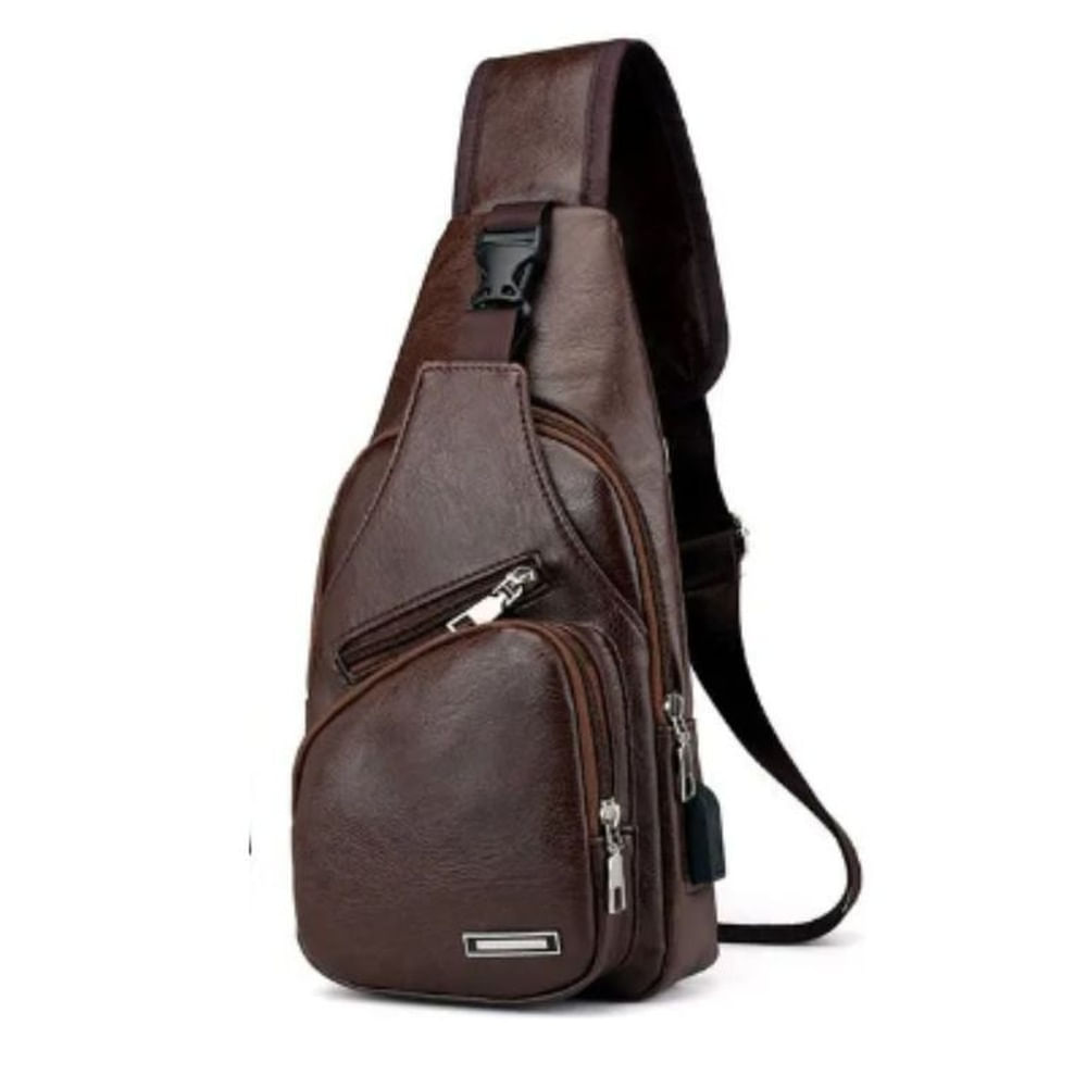 Mochila Bandolera de cuero PU/ USB/ Pechera  para hombre celular