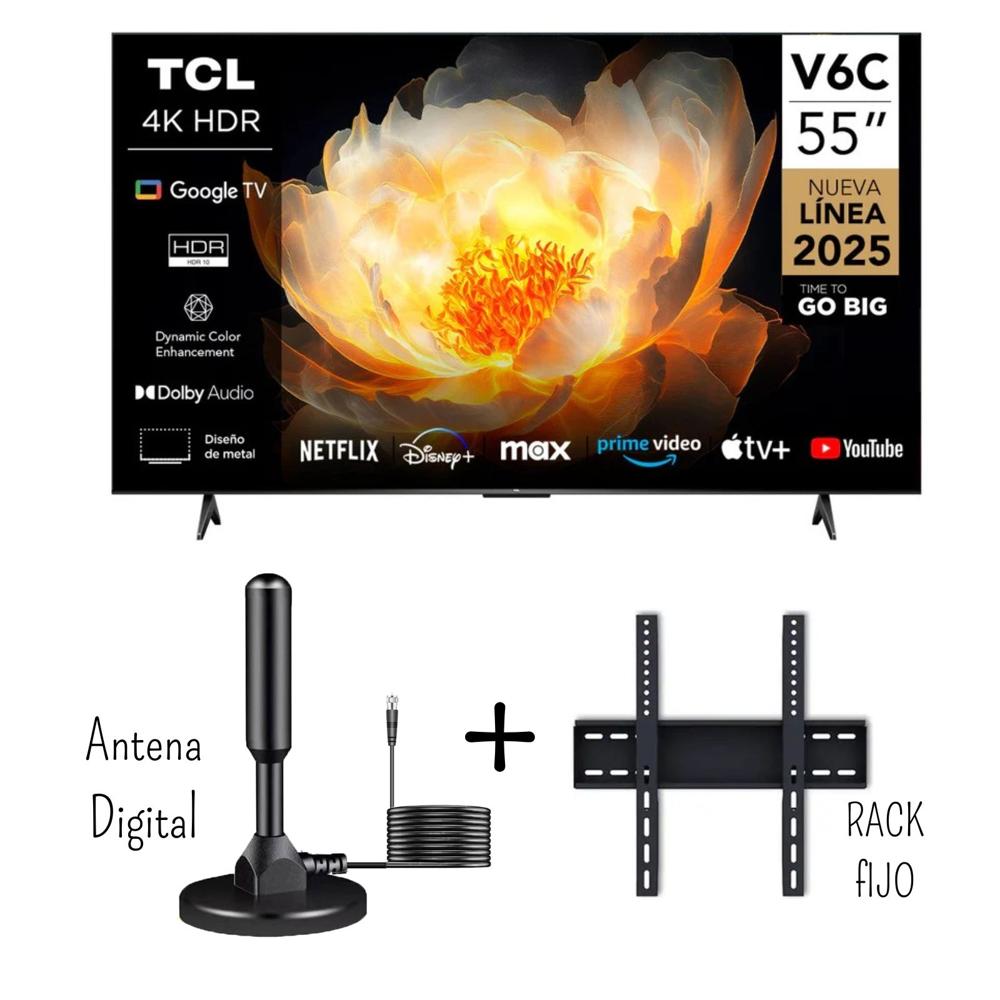 Televisor TCL 55 Pulgadas 4K HDR Google TV Smart TV  55V6C - Antena Digital - Rack Nuevo Modelo