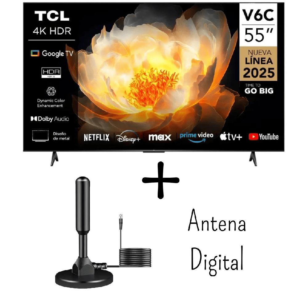 Televisor TCL 55 Pulgadas 4K HDR Google TV Smart TV  55V6C - Antena Digital Nuevo Modelo