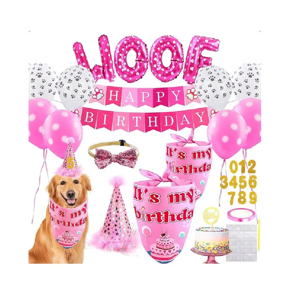 Kit Cumpleañero Completo Para Mascotas Perros Y Gatos Rosado